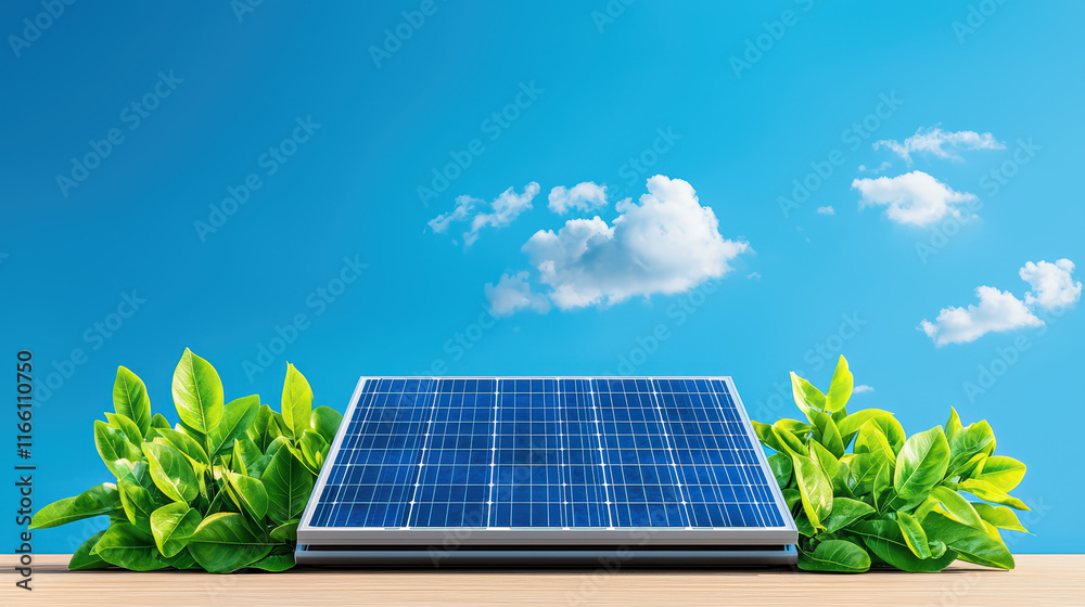 Fototapeta premium solar panel surrounded by green leaves under blue sky