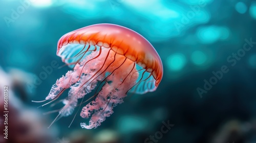 An enchanting jellyfish captured mid-motion, its tentacles trailing elegantly as it swirls through the water, evoking a sense of wonder and tranquility in the deep ocean. photo