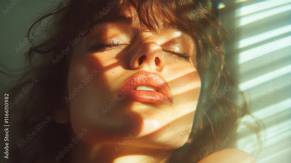 A stunning close-up of a woman's serene face illuminated by sunlight, casting beautiful shadows that enhance her features and create a dreamy atmosphere. A stunning close-up of a woman's serene face illuminated by sunlight, casting beautiful shadows that enhance her features and create a dreamy atmosphere.