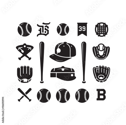 baseball element Set silhouette vector illustration