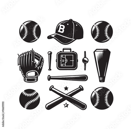 baseball element Set silhouette vector illustration