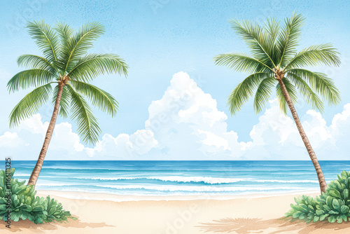serene beach scene with palm trees and ocean waves