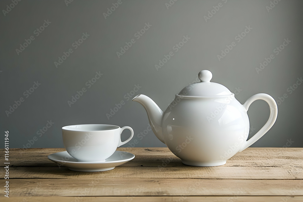 White teapot and matching cup on a wooden table in a tranquil tea-time setting White teapot and matching cup on a wooden table in a tranquil tea-time setting