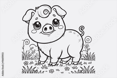 A line art illustration of a happy pig standing on grass.