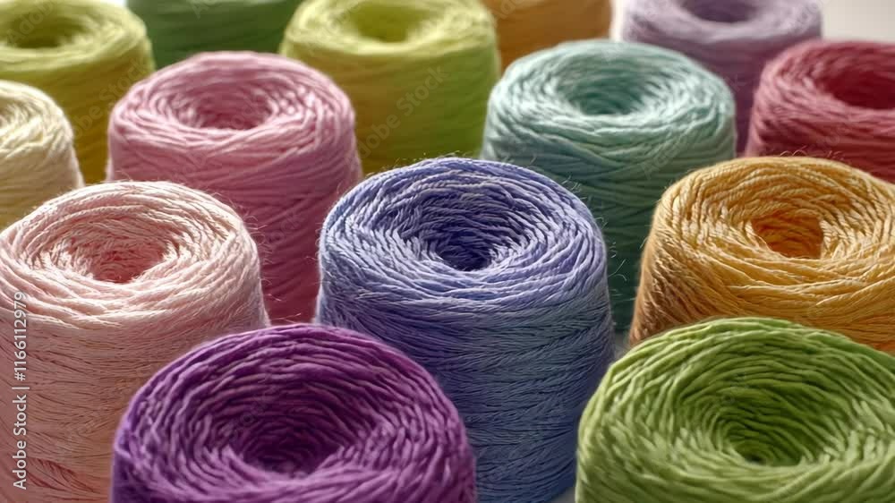 Colorful yarn spools arranged in a vibrant display, showcasing various shades and textures for crafting enthusiasts