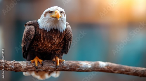 This powerful image depicts a bald eagle perched confidently on a wooden branch, showcasing its fierce expression and distinct white head against a blurred background. photo