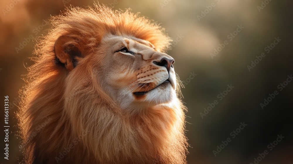 A contemplative lion gazing upward into the horizon, capturing the essence of tranquility and strength in its natural habitat, illuminated by soft lighting and golden tones. A contemplative lion gazing upward into the horizon, capturing the essence of tranquility and strength in its natural habitat, illuminated by soft lighting and golden tones.