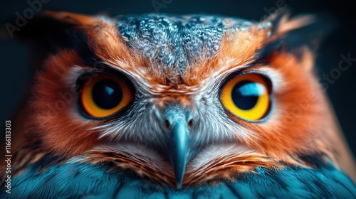 A captivating close-up of an owl showcasing its expressive features and vibrant colors, evoking a sense of awe in viewers through intricate detailing and bold aesthetics. photo