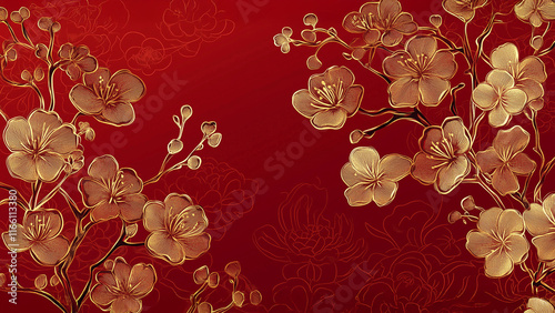 Chinese floral frame with flowers and leaves in gold tones isolated on red background