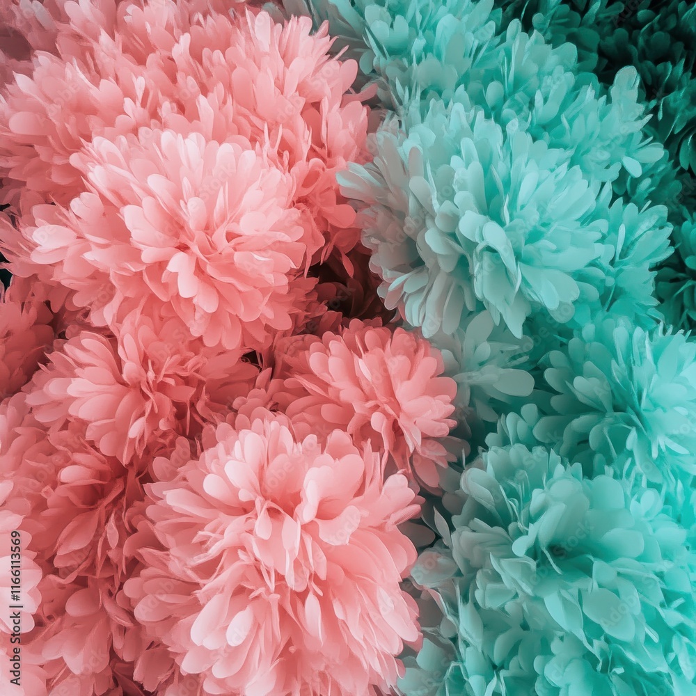 Fototapeta premium Close-up of pink and teal artificial flowers.