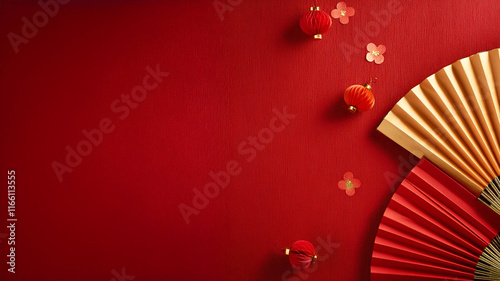 Chinese new year background, tiny red lanterns and red and golden paper fan on red background, copy text space	
