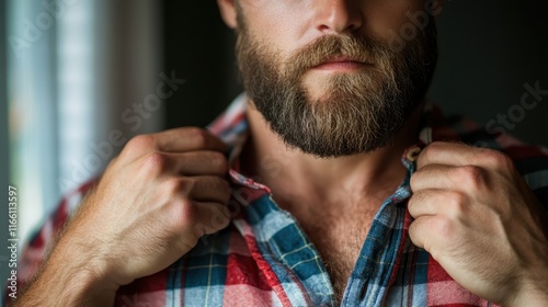A close-up shot of a bearded man as he adjusts his plaid shirt, emphasizing his strong features and presenting a rugged yet polished appearance.
