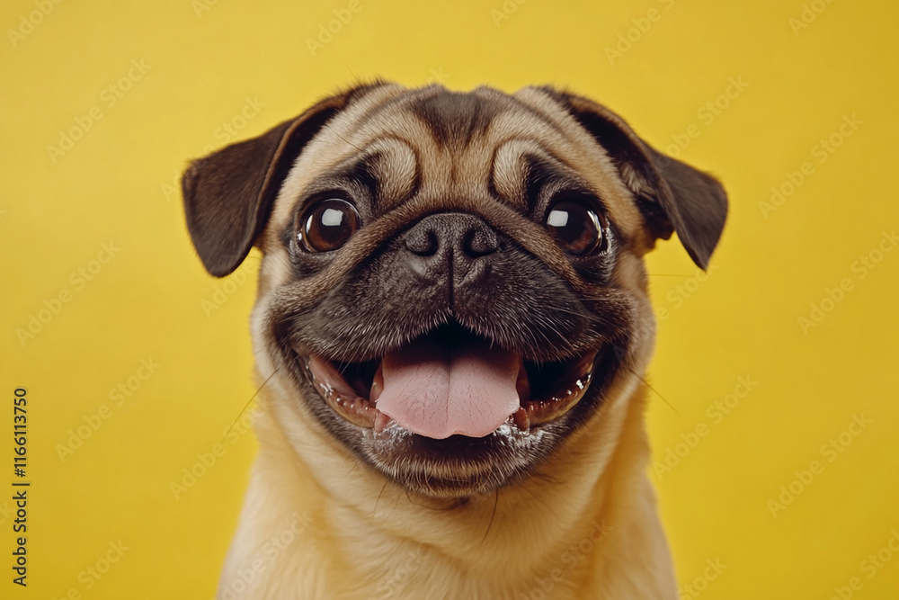 Pug dog isolated on yellow background with copy space. Close up portrait of happy smiling pug face head looking at the camera. Banner for pet shop. Pet care and animals concept for poster, print, card Pug dog isolated on yellow background with copy space. Close up portrait of happy smiling pug face head looking at the camera. Banner for pet shop. Pet care and animals concept for poster, print, card