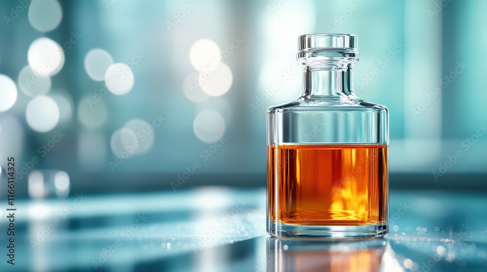 A stylish glass container filled with bright orange liquid is showcased against a blurred background, creating a modern and dynamic look reminiscent of creativity and artistry.