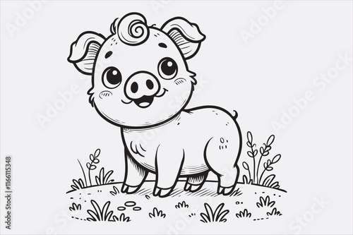 A line art illustration of a happy pig standing on grass.