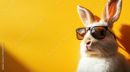 A stylish white rabbit wearing black sunglasses poses confidently against a bright yellow background, capturing a fun and whimsical atmosphere in the image.