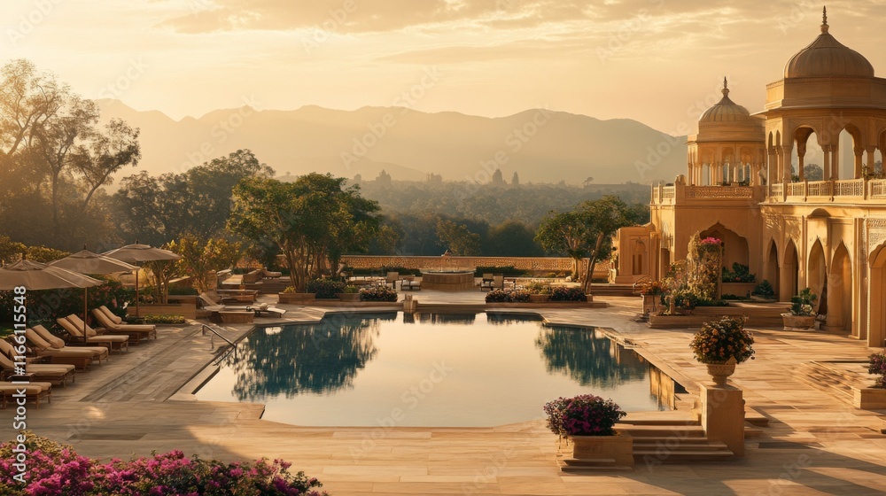 Obraz premium Vintage-Style Resort with Mountain Backdrop at Sunset