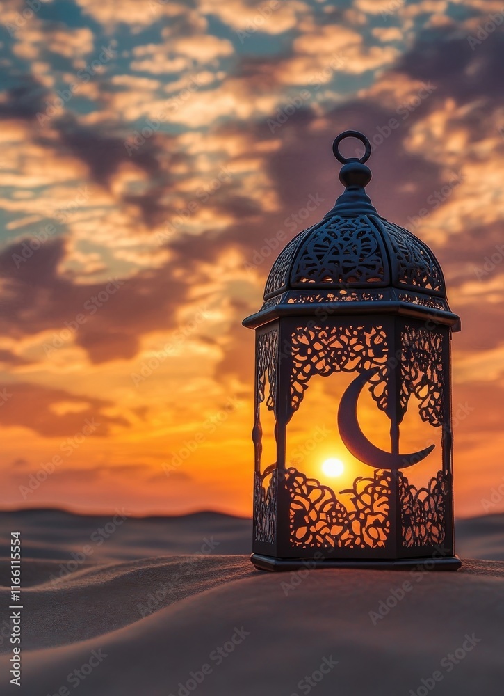 Ornate Lantern Casting Intricate Shadows Against a Beautiful Sunset Sky with Soft Clouds and a Tranquil Desert Landscape Illuminated by Dimming Light Ornate Lantern Casting Intricate Shadows Against a Beautiful Sunset Sky with Soft Clouds and a Tranquil Desert Landscape Illuminated by Dimming Light