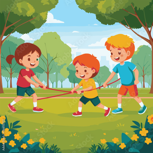 Vector Design of Cute Cartoon Kids Singing in a Choir - Boy and Girl Friends in Holiday Uniforms, Singing Christmas Songs Outdoors in the Park, Playing, Having Fun, and Celebrating Spring and Summer