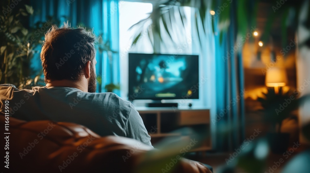 A relaxed moment featuring a man watching television in a cozy living room, filled with plants and warm lighting, highlighting comfort and leisure in daily life. A relaxed moment featuring a man watching television in a cozy living room, filled with plants and warm lighting, highlighting comfort and leisure in daily life.