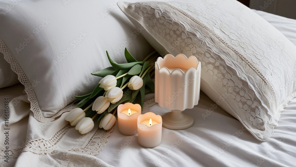 candle and white tulips , AI Generated.