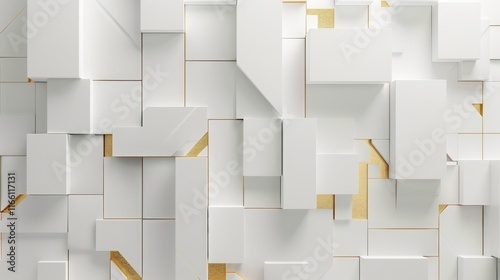 Geometric white shapes with golden lines create an abstract and modern wallpaper design  adding a touch of elegance and sophistication to any space