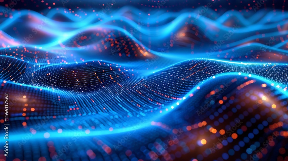 Abstract futuristic digital landscape featuring blue wavy particles and glowing dots, evoking depth and movement for technology themes Abstract futuristic digital landscape featuring blue wavy particles and glowing dots, evoking depth and movement for technology themes