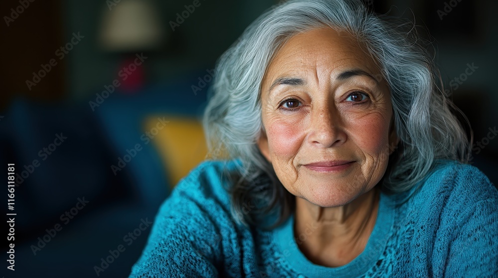 A heartwarming portrait of an elderly woman with a gentle smile, set in a cozy environment that radiates warmth and comfort, showcasing her serene presence.