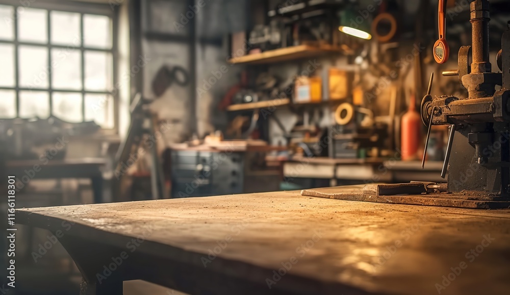 Blurred background of an old workshop interior with a workbench and tools Blurred background of an old workshop interior with a workbench and tools