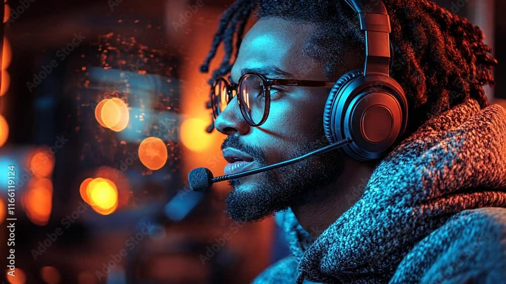 Focused Gamer in Neon Light, Night Gaming Session