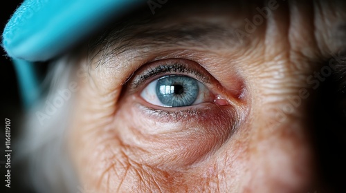 This striking close-up captures the captivating blue eye of an elderly woman, reflecting depth, emotion, and the intricate stories held within each wrinkle and gaze. photo