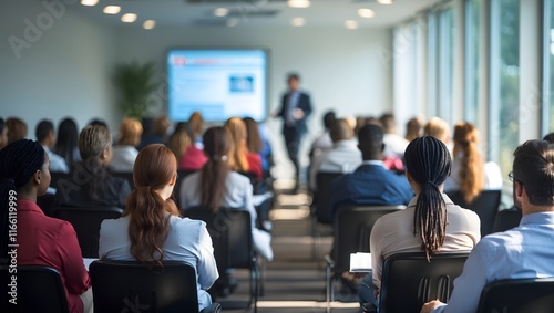 Business and entrepreneurship symposium. Speaker giving a talk at business meeting. Audience in conference hall. Rear view of unrecognized participant in audience. Ai Generative. photo