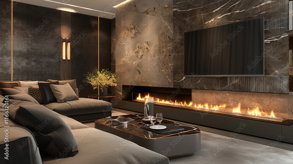 A luxurious living room with a high-end, designer sofa and a marble accent wall, featuring a modern fireplace and a sleek, high-tech TV stand, A luxurious living room with a high-end, designer sofa and a marble accent wall, featuring a modern fireplace and a sleek, high-tech TV stand,