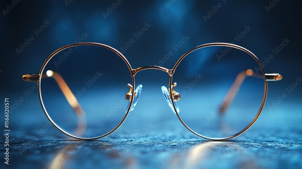 Round gold-framed glasses on blue surface.