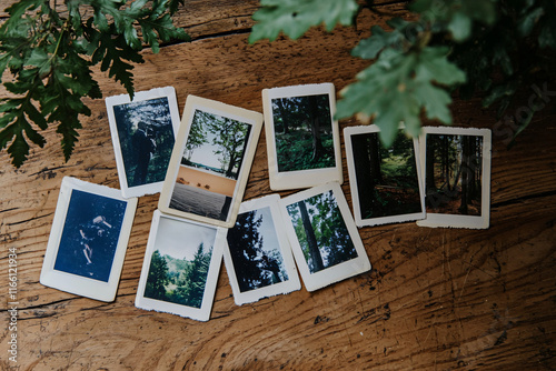 vintage polaroid photos spread on wooden table photo