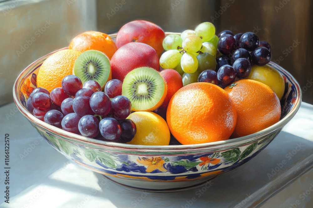 A colorful bowl brimming with fresh fruits like oranges, kiwi, grapes, nectarines, and plums, bathed in sunlight. A colorful bowl brimming with fresh fruits like oranges, kiwi, grapes, nectarines, and plums, bathed in sunlight.