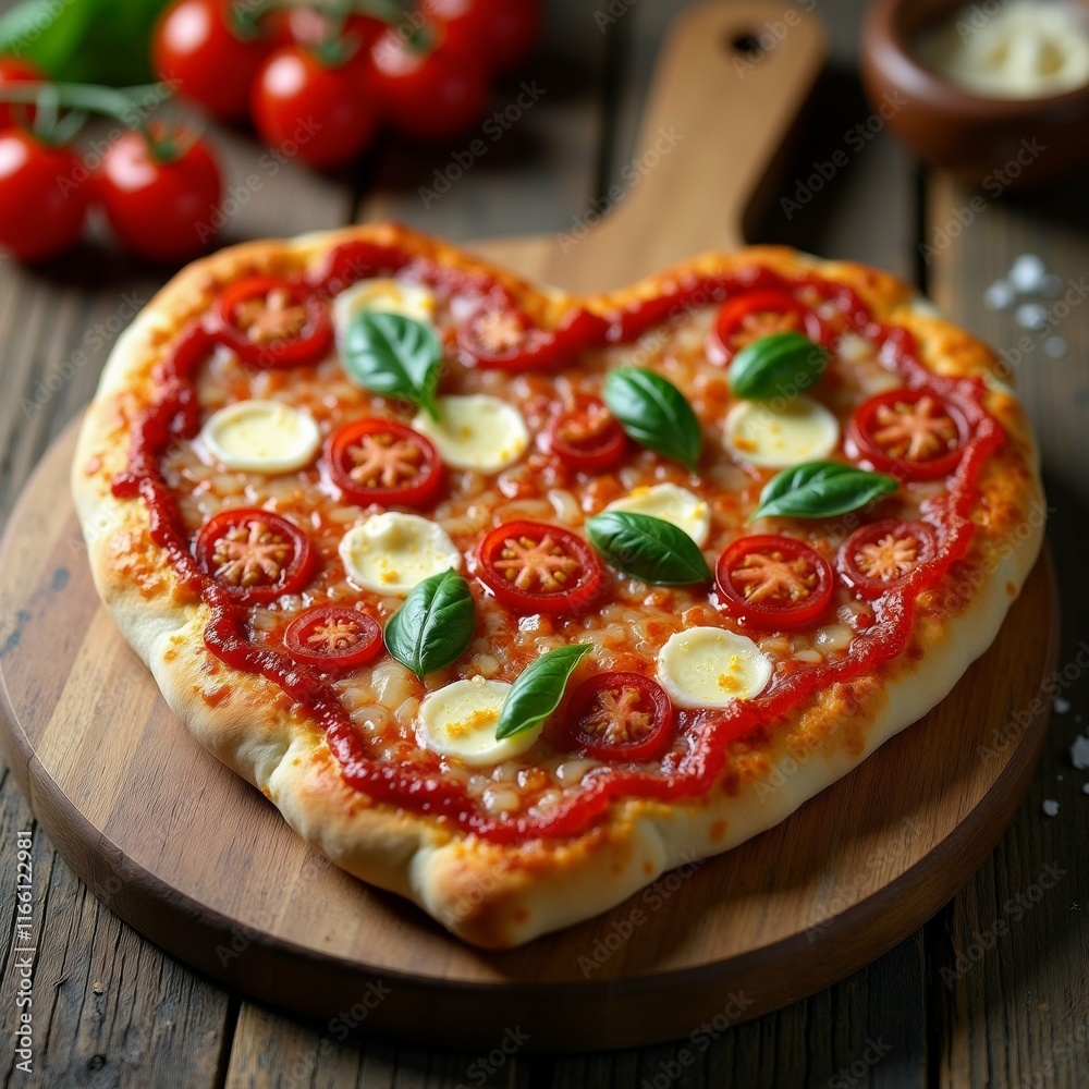 The image shows a heart-shaped pizza on a wooden cutting board. The pizza is topped with tomato sauce, mozzarella cheese, and fresh basil leaves. The image shows a heart-shaped pizza on a wooden cutting board. The pizza is topped with tomato sauce, mozzarella cheese, and fresh basil leaves.