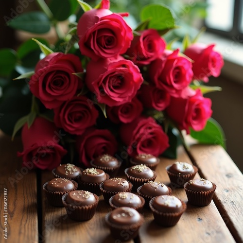 The image shows a bouquet of red roses in a vase on a wooden table. The roses are in full bloom and are arranged in a way that they are overlapping each other.
