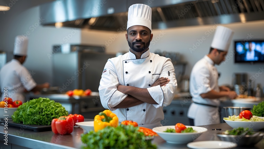Confident head cook standing in restaurant professional kitchen with arms crossed while smiling at camera. Sous chef wearing cooking uniform while preparing ingredients for dinner service. Confident head cook standing in restaurant professional kitchen with arms crossed while smiling at camera. Sous chef wearing cooking uniform while preparing ingredients for dinner service.