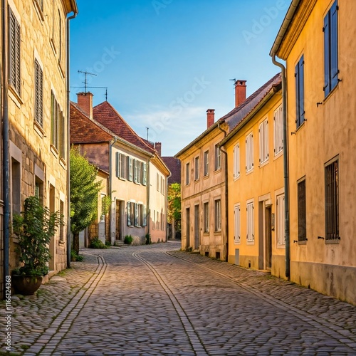 Village street with cobblestones and traditional houses.

