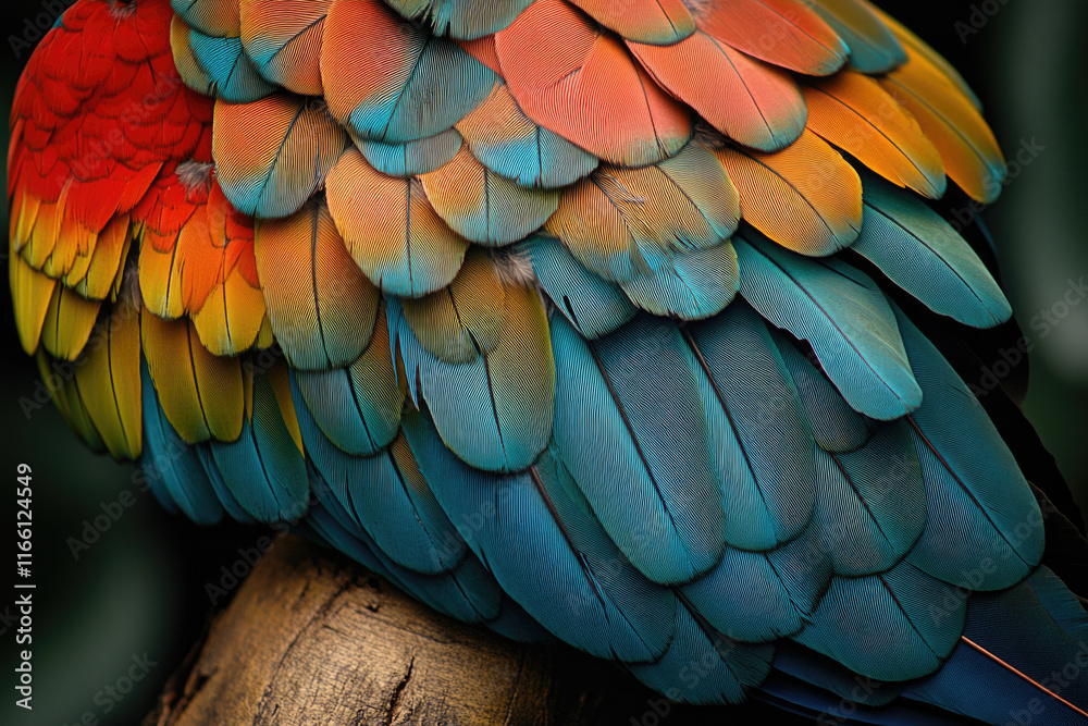 Fototapeta premium Vibrant parrot feathers, a mesmerizing array of red, orange, and teal hues creating a stunning natural texture.