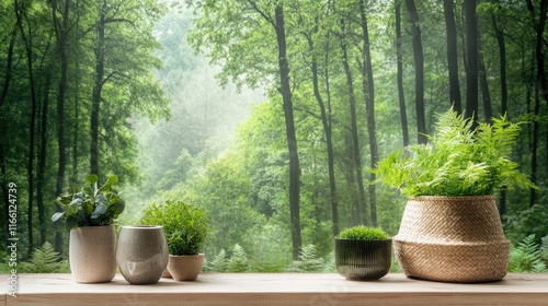 Plants in pots arranged on wooden surface before forest backdrop photo