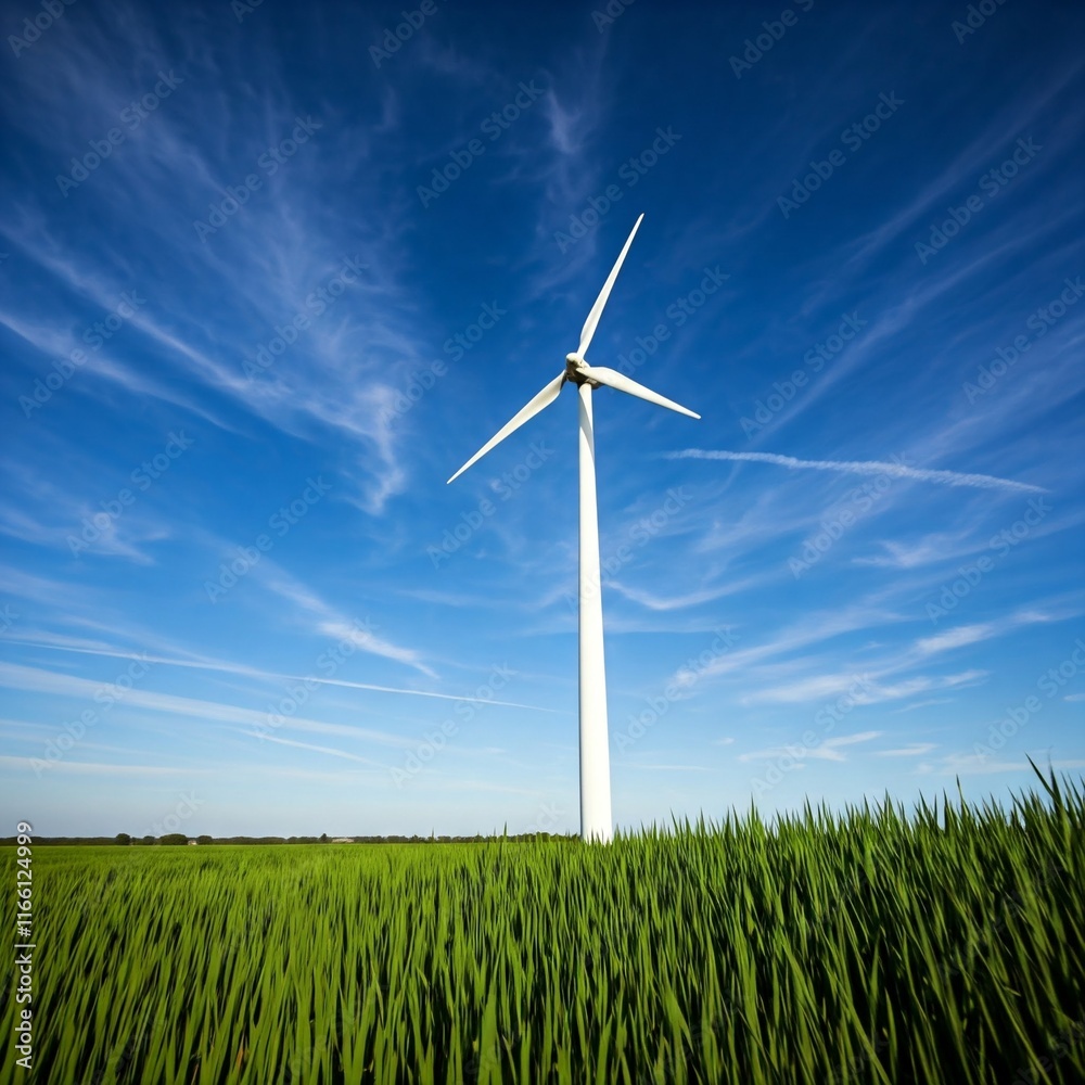 Windmill in a green meadow under a blue sky.
Windmill in a green meadow under a blue sky.