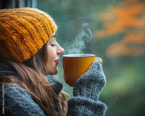 Woman in warm hat and gloves enjoys hot drink by window in autumn rain.