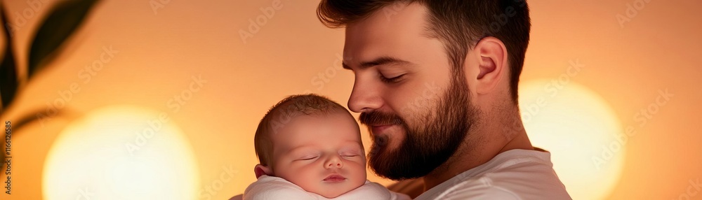 Obraz premium Home setting with a father cuddling a newborn under soft lighting, postnatal care, family connection