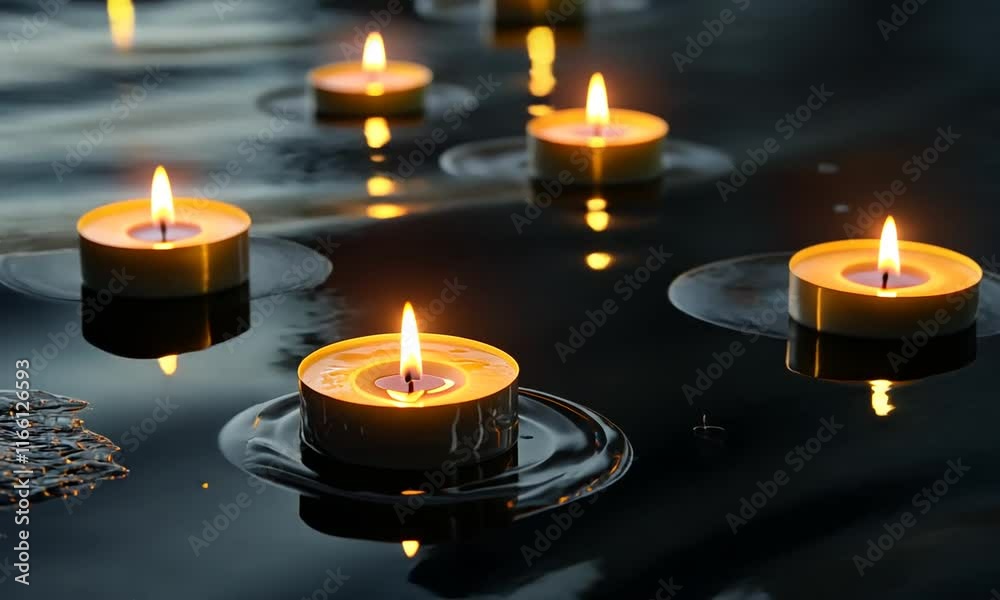 Floating candles illuminate a serene water surface at dusk. Floating candles illuminate a serene water surface at dusk.