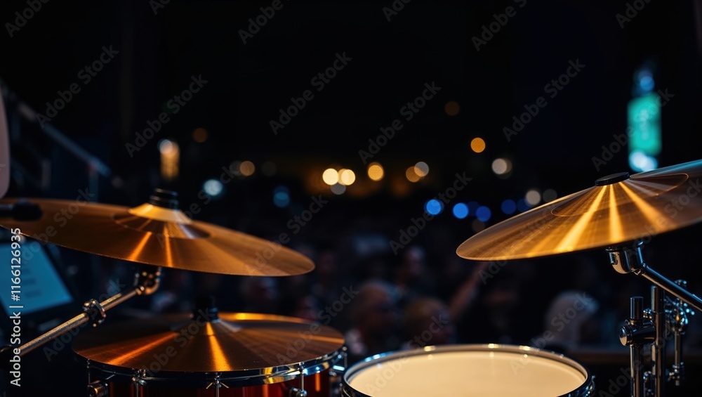 Obraz premium Drum set waits for performance in a lively concert setting full of lights and energy