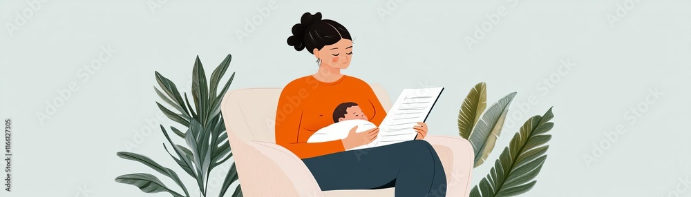 Mother journaling her postpartum journey in a cozy nook, postnatal care, self-reflection Mother journaling her postpartum journey in a cozy nook, postnatal care, self-reflection