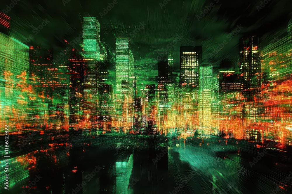 Obraz premium cyberpunk cityscape pulsing with neon fractals and geometric distortion effects