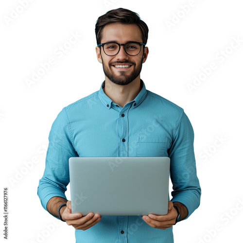 A young man in a blue shirt holding a laptop against a transparent background, smiling and showcasing the computer, ideal for promotional content.